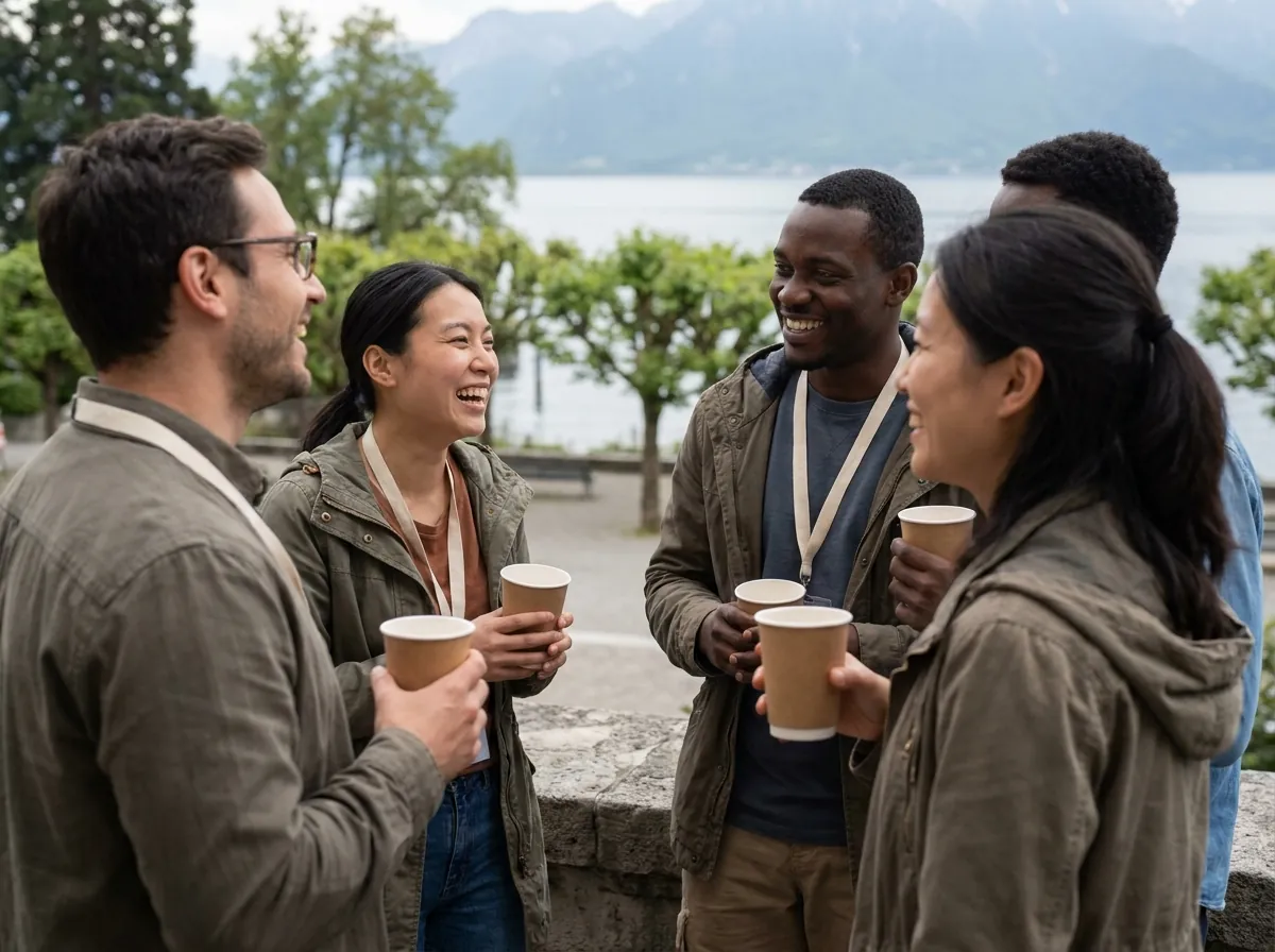 Delegates chatting outdoors during a conference break in Geneva