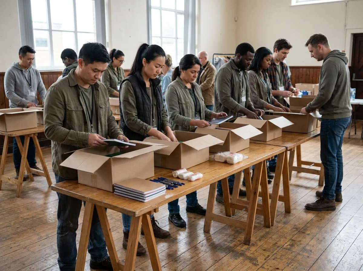 Volunteers packing school supplies and first-aid kits in a community hall